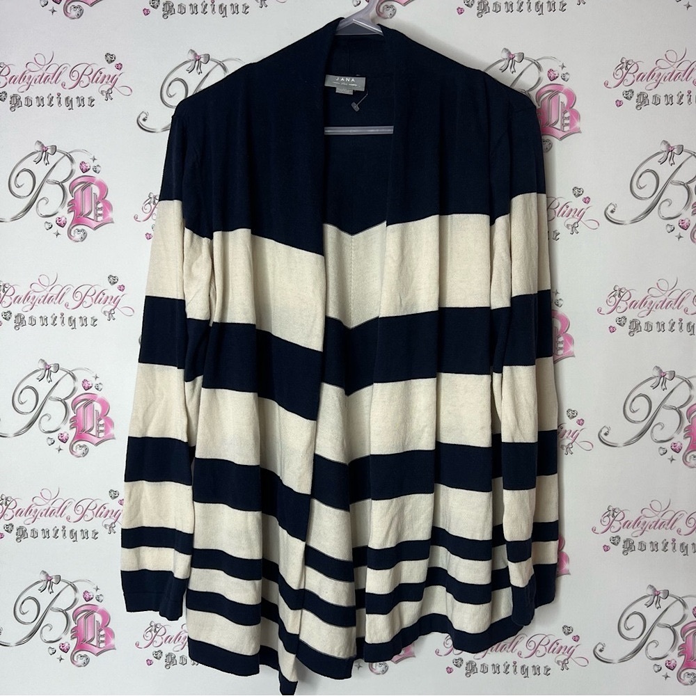 Jana plus cardigan open waterfall navy and White Striped Cardigan